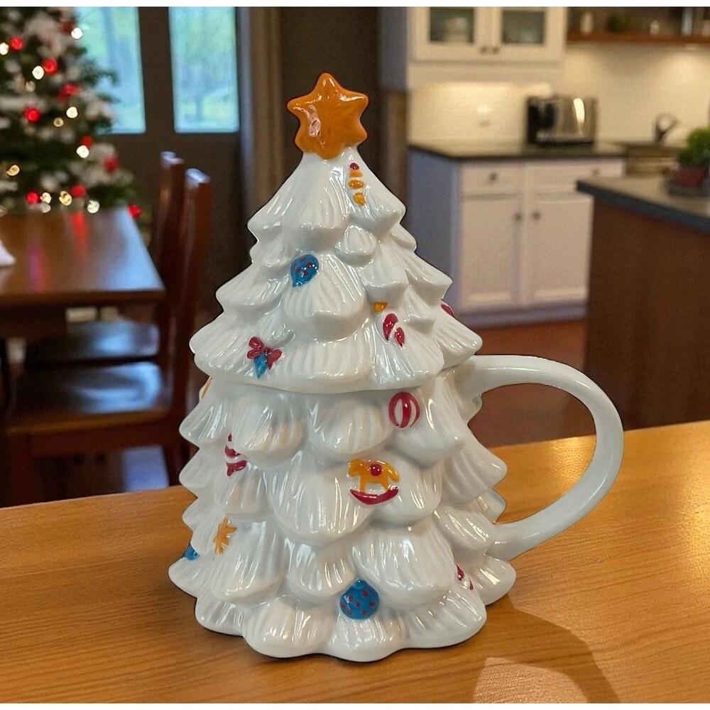 Pottery Barn Mug Christmas In The Country Lidded Tree Stoneware White New In Box